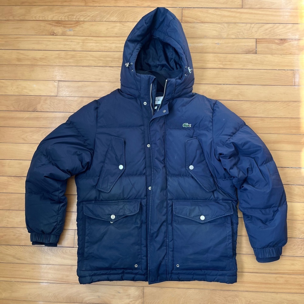 Lacoste Mens Navy Blue Quilted Puffer Down Jacket Detachable Hood FR 48 US S/M